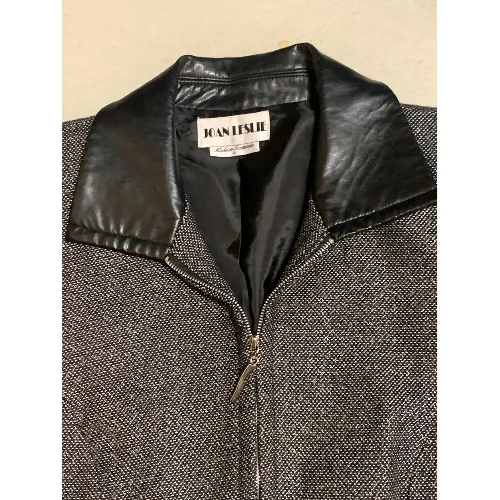 Vtg Joan Leslie Womens Tweed Blazer Sz 8 Black Faux Leather Trim Office Academia